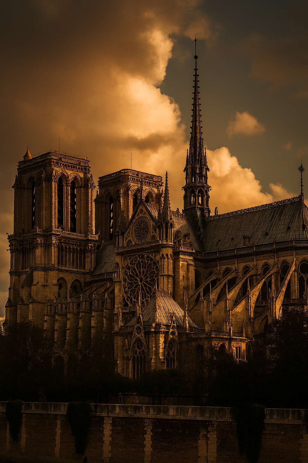 夕焼けに照らされた荘厳なノートルダム大聖堂